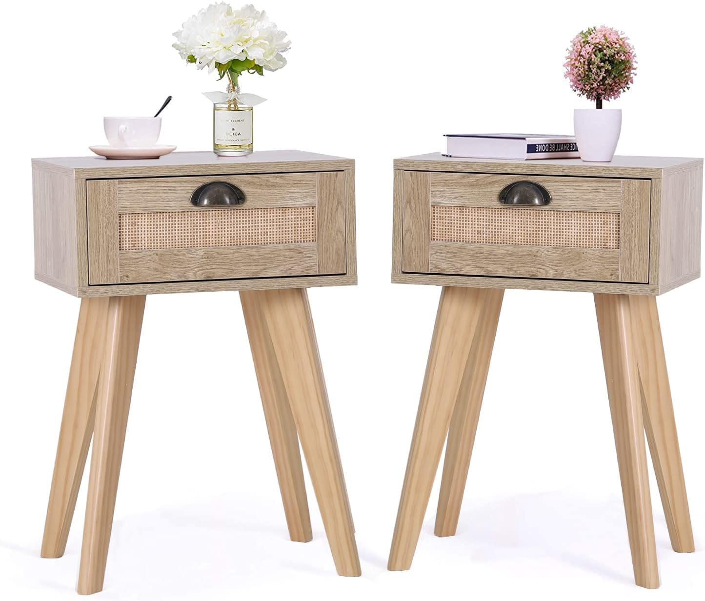 PHI VILLARattan Nightstands Set of 2, Mid Century Accent Table with Storage Drawer, Side Table for Small Space, Living Room Bedroom, Boho Night Stands/End Table/Bedside Table