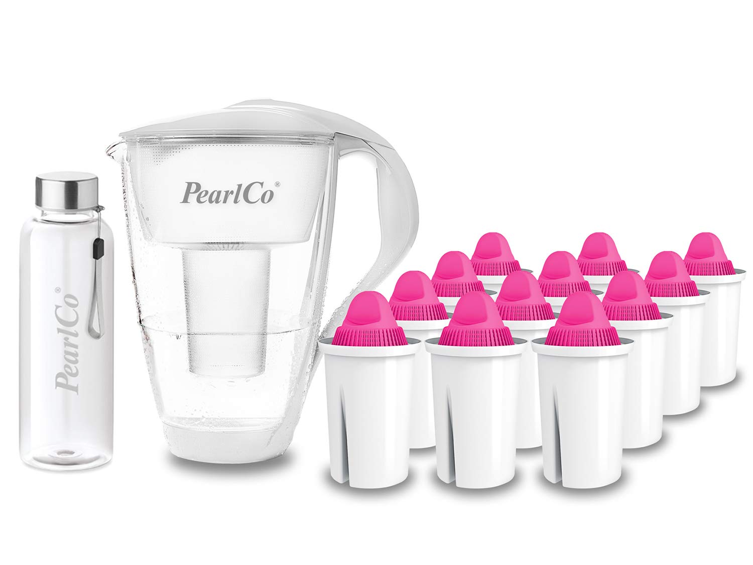 PearlCo - Szklany filtr do wody (biały) z 12 wkładami filtrującymi z magnezu Classic + 1 butelka do picia ze szkła