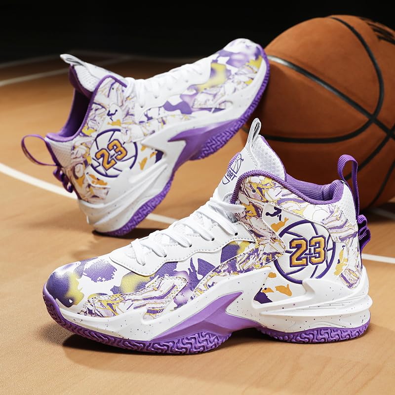 Kids Basketball Shoes, Leather Trendy Casual Sports Basketball Shoes Breathable Comfortable Boys Sneakers for Big Kids…2