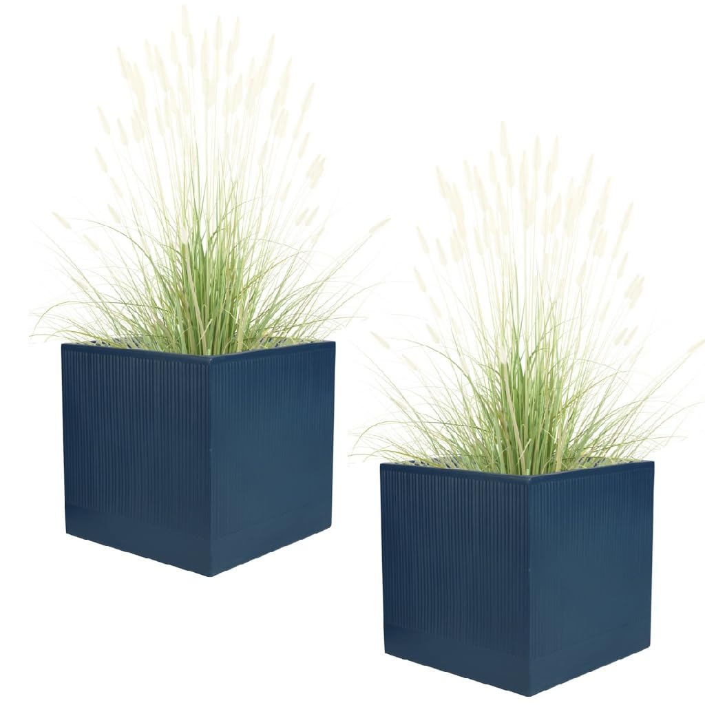 Fibre Clay Box Planters 44cm Set of 2 Striped Plant Pots (Blue, XL, 75L)