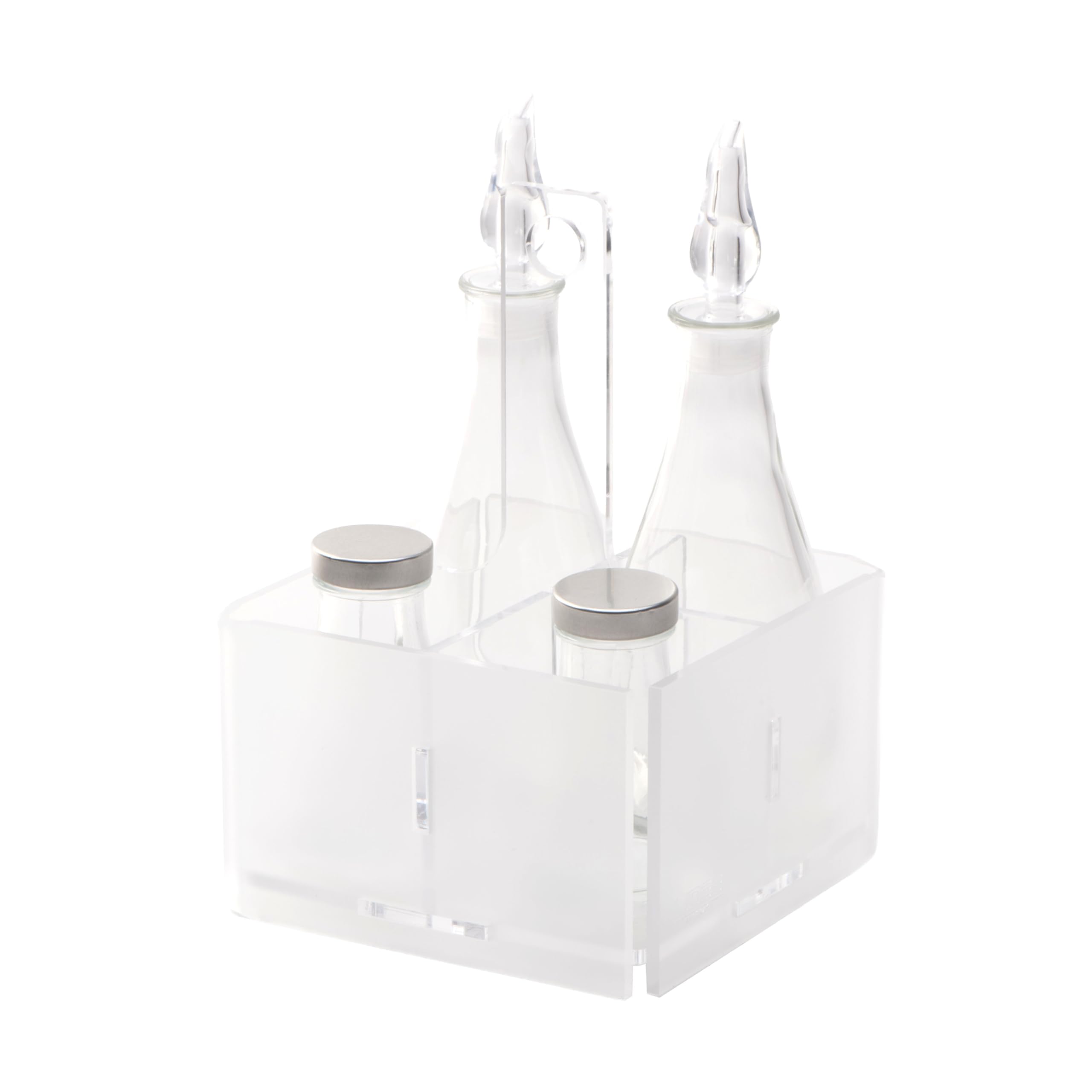 LINEE Recanati Mediterranea Menage – Juego de condimentos para aceite, vinagre, sal, pimienta, de PMMA y cristal, 17 x 17 x 23 cm, diseño decorativo de mesa, fabricado en Italia (transparente satinado