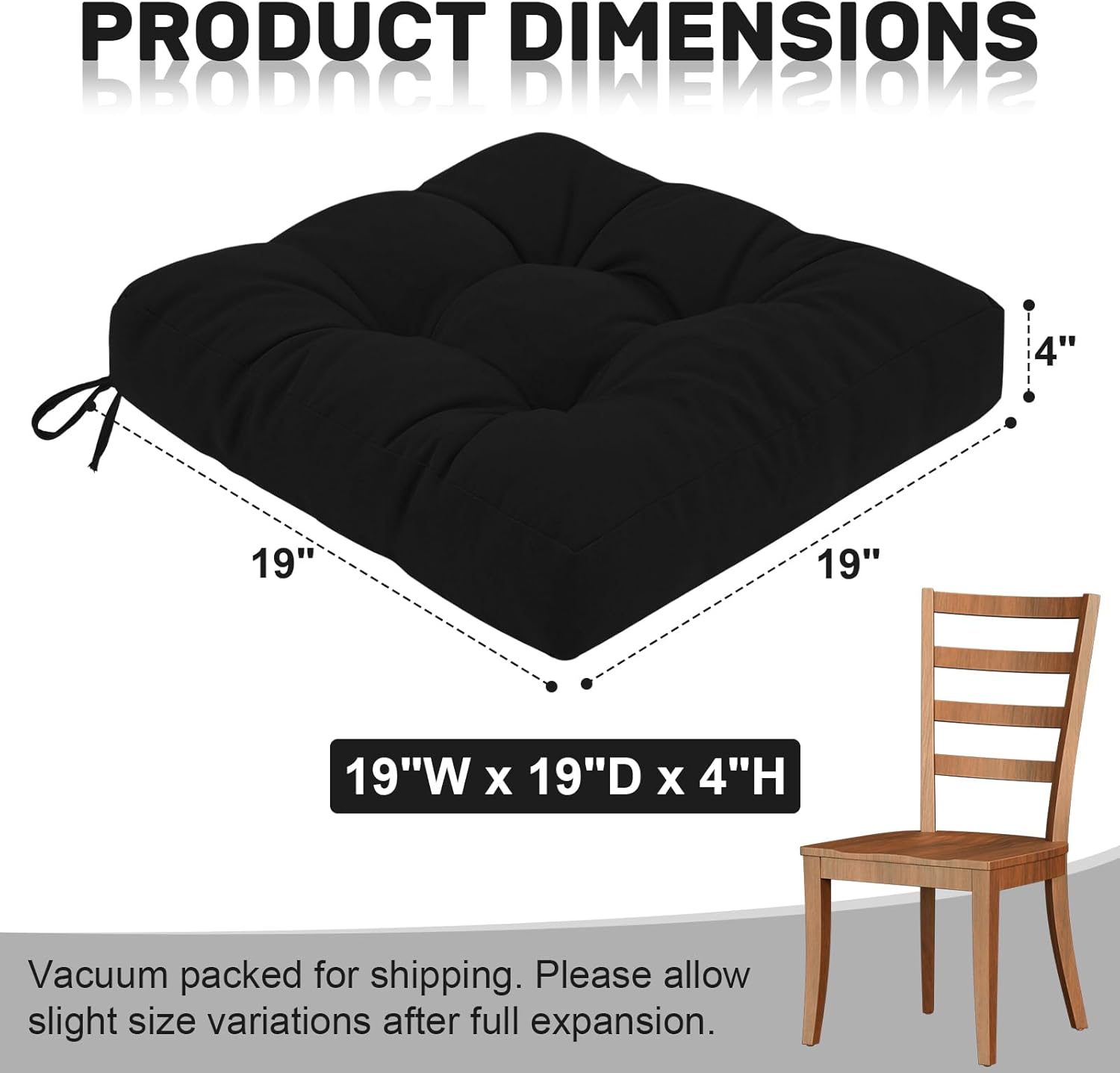 idee-home Outdoor Chair Cushions Set of 4, Patio Chair Cushions for Outdoor Furniture with Ties, Waterproof Seat Wicker Pad Replacement for Dining Outside Lawn Garden Porch, 19x19 in Black