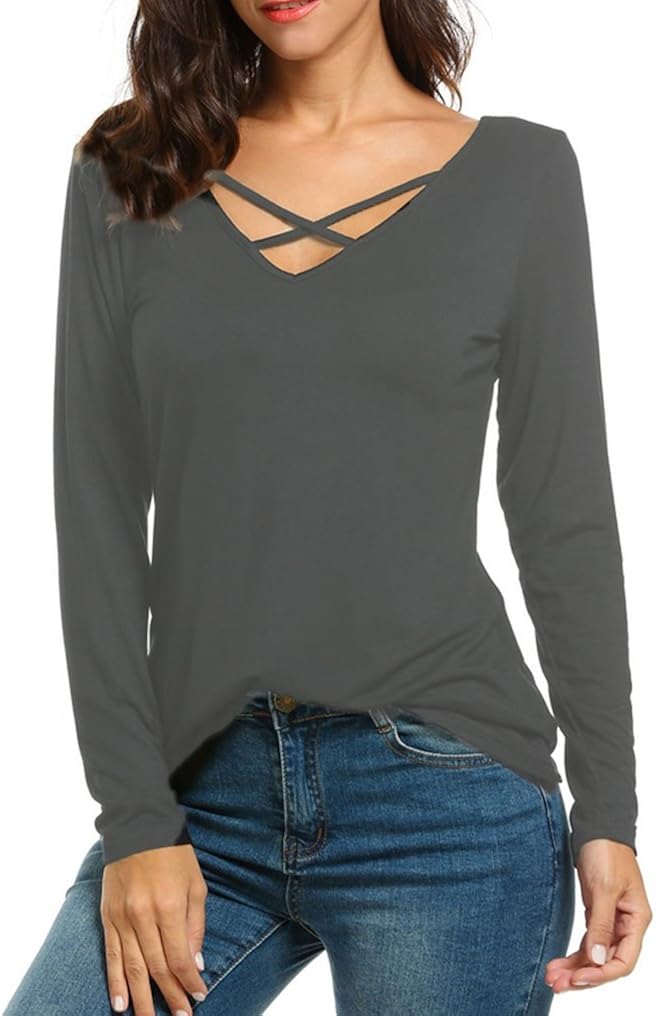 Halife Women's Casual Tshirts Long Sleeve Criss Cross Front V Neck Tops Soft Cotton Tee Shirts