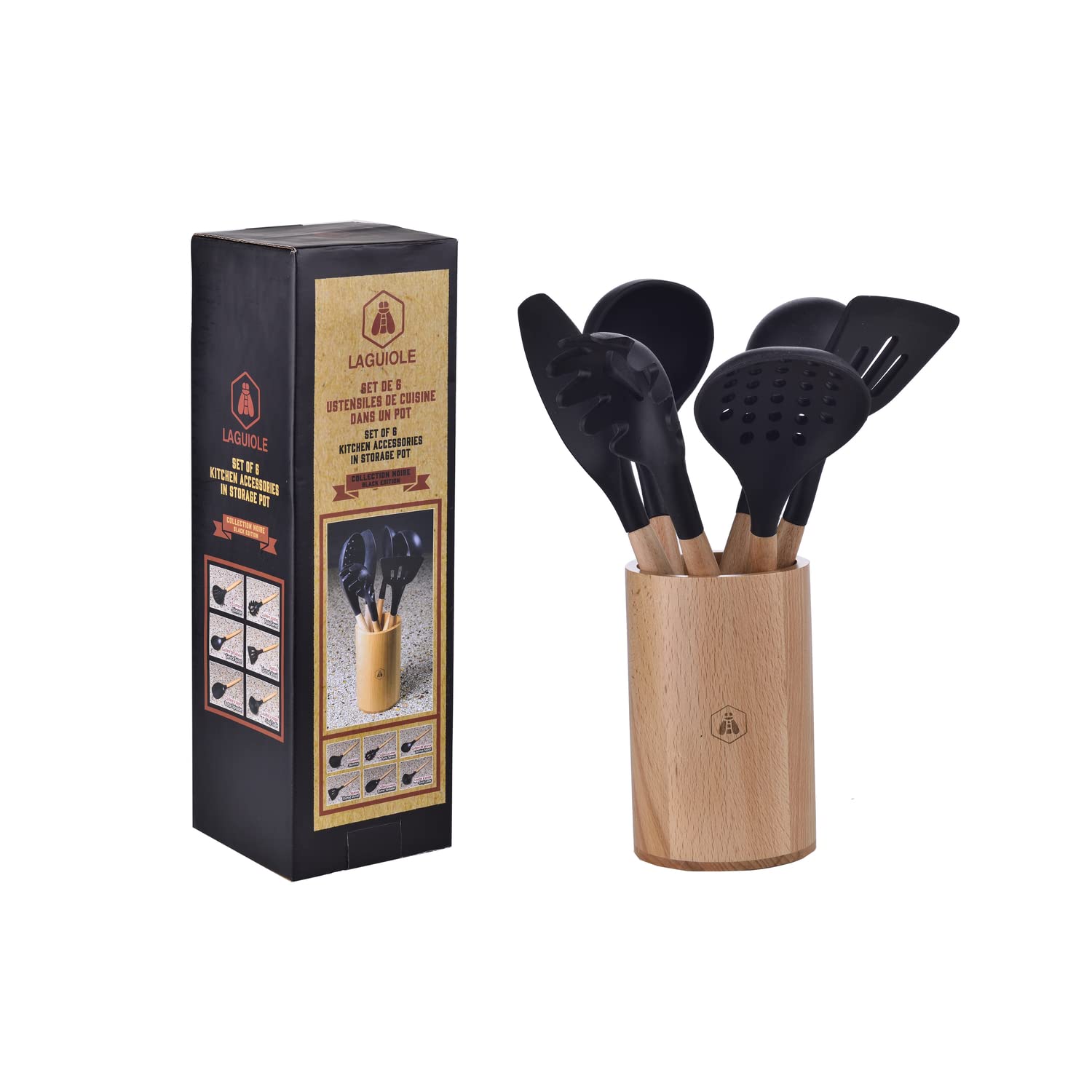 LAGUIOLE 5 x Ustensiles de Cuisine - Écumoire, Louche, Spatule, Pinceau à badigeonner, Cuillère à spaghetti, Friture, Sauce- Antiadhésif- Noir - Silicone - Bois clair 40268158