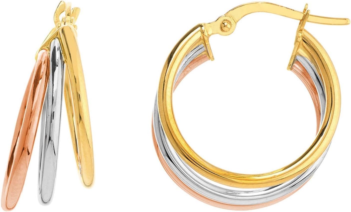 14k Tri-Color Gold Triple Hoop Ring Earrings with Latch Back