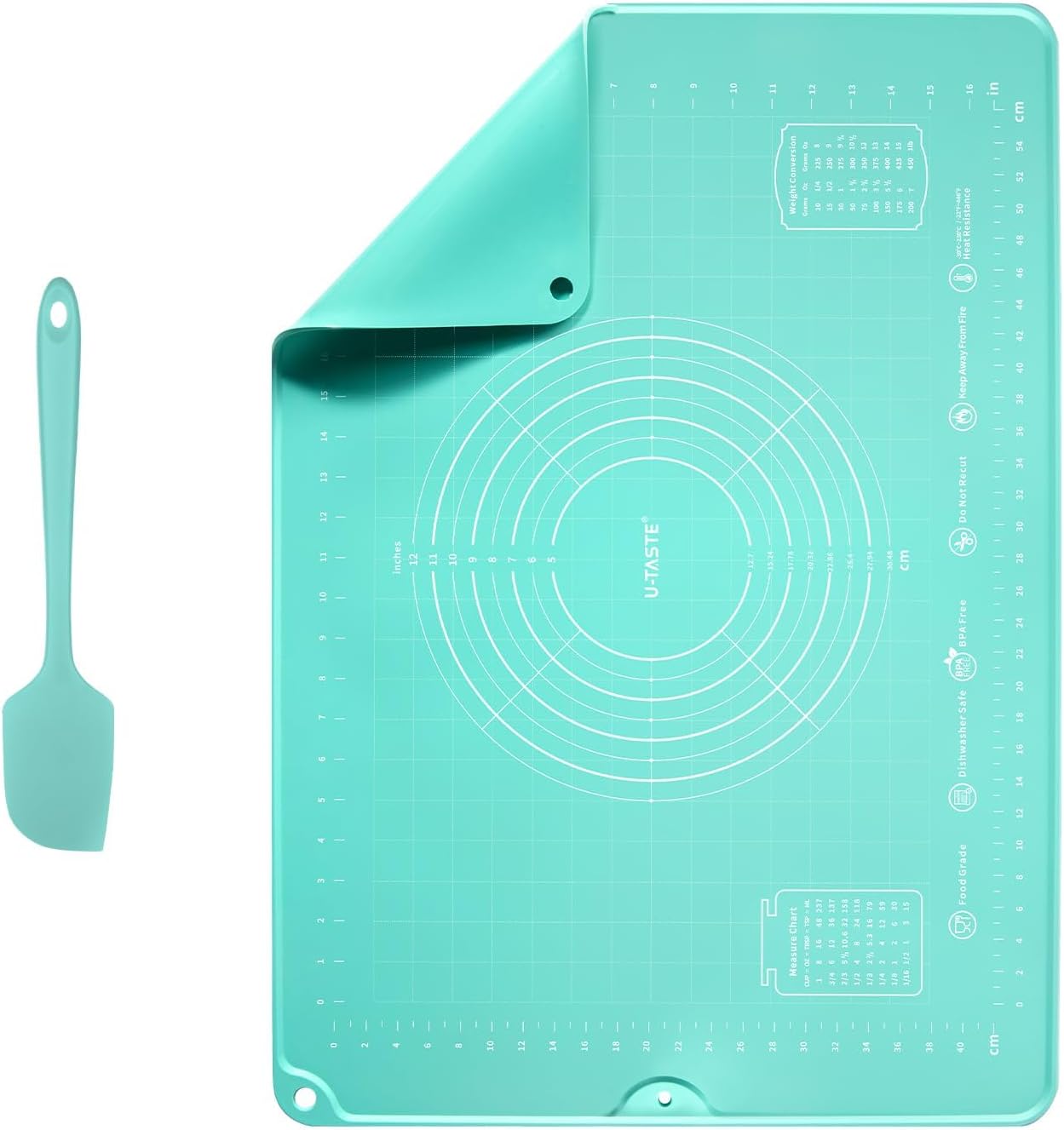 U-Taste 600ºF Heat Resistant Food Grade Extra Long & Large Silicone Spatula 1 Piece, and 20inx28in Large Silicone Pastry Mat Food-Grade Non-Stick Dough Rolling Mat (Aqua Sky)