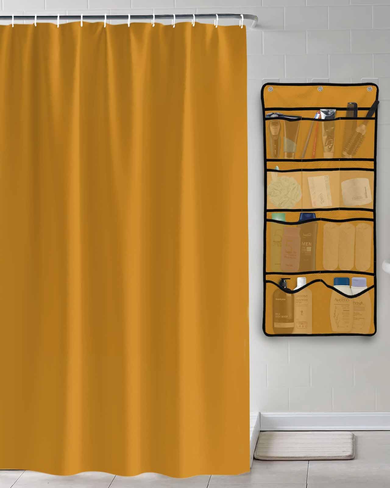 Shower Curtain Mesh Shower Organizer Hanging Set Solid Color Ginger Waterproof Shower Curtains with 10 Pockets Quick Dry