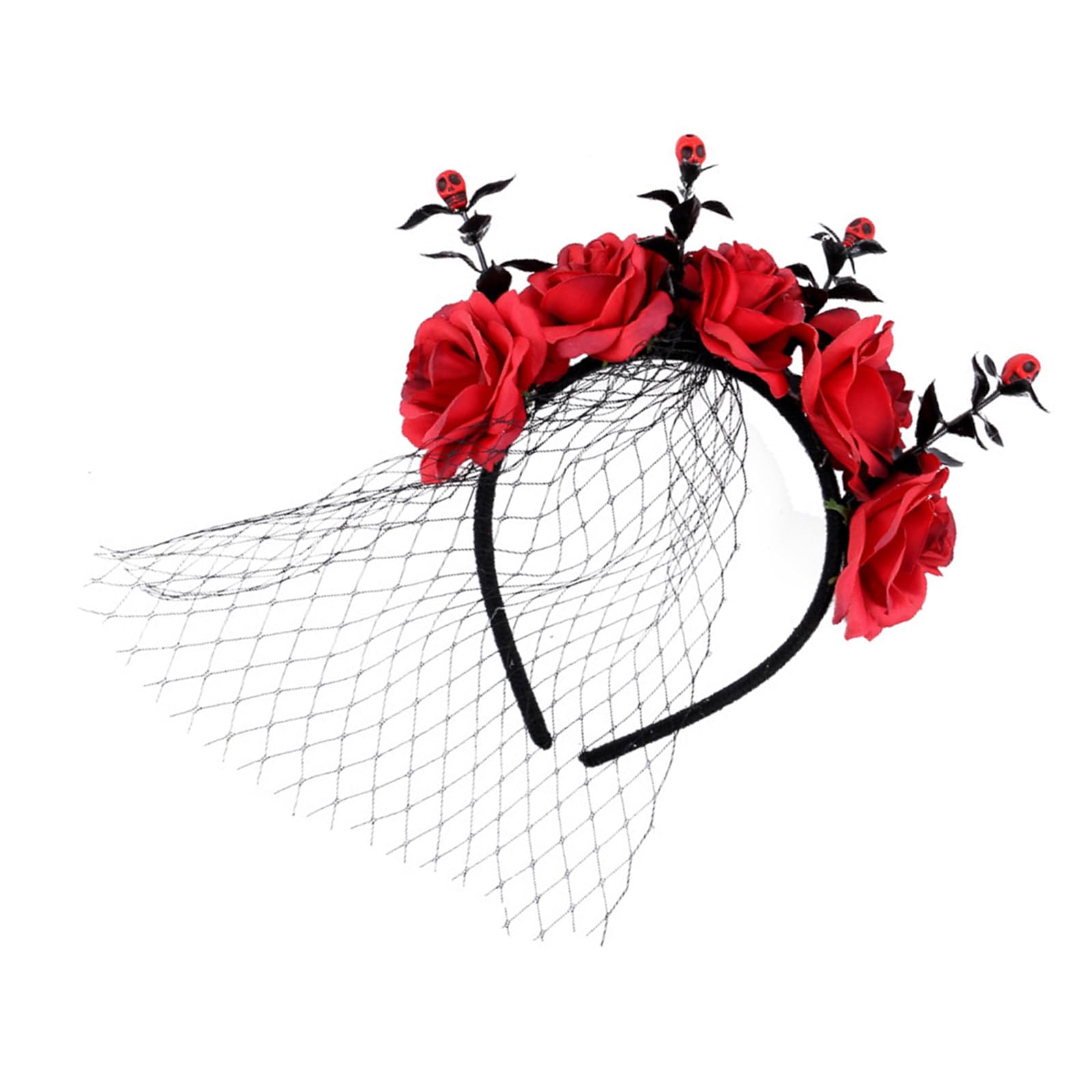 Kalttoy Women's Red Halloween Hair Accessory With Rose Flower And Veil Adjustable Size Headband Elastic Hairband Accessory For Party Wear Halloween Party Headwears