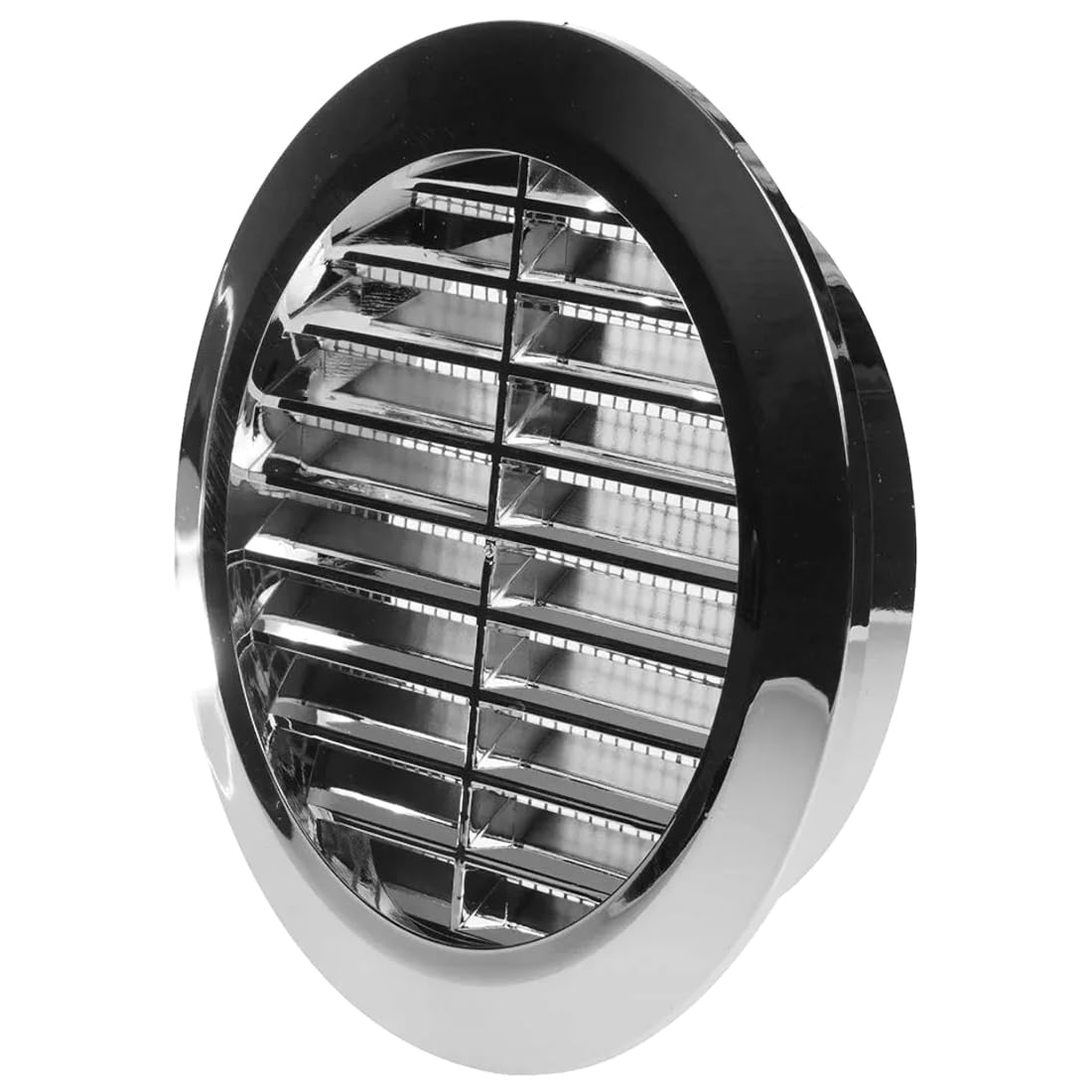 Chrome Louvred Wall Vent Grille with Flyscreen for Ø 100 mm / 4" Round Wall Outlet - Air Ventilation Duct Cover with Anti-Insect Mesh and Rear Spigot, Tough and Durable ABS Plastic