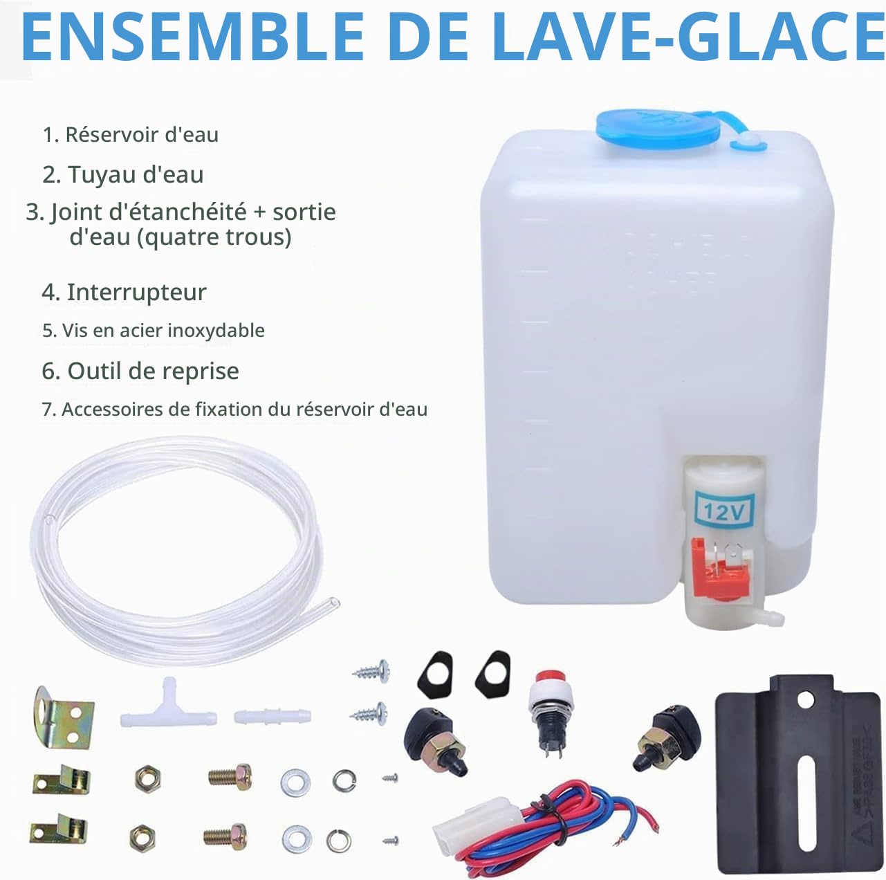 Kit de Pompe de Lave-glace Universel 12V Réservoir Pour Voiture Bateau | Avec Tuyau, Câbles Électriques Et Accessoires De Montage Inclus