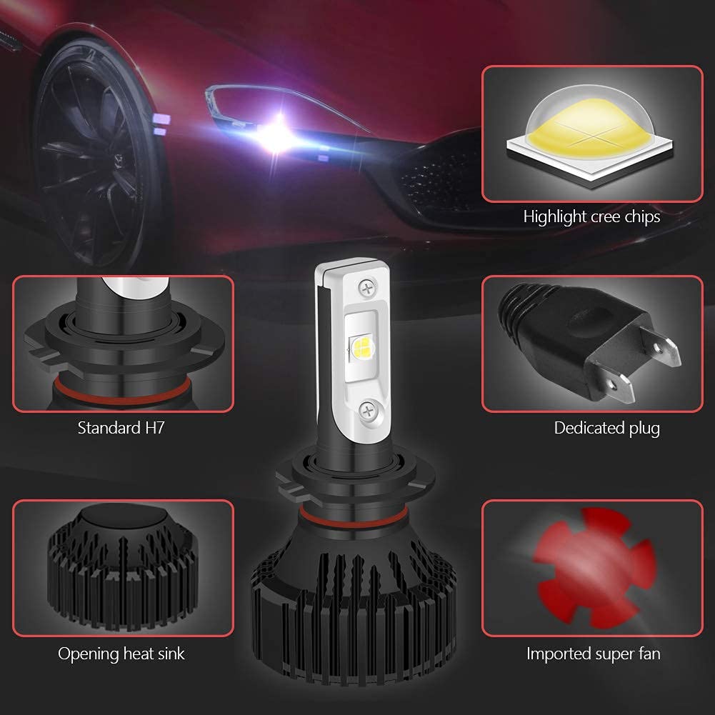 H7 LED Lampadina Faro Kit Conversione Lampadine Super Bright LED 16000LM 16 Chip XHP50 Bianco puro 6500K Hi / Lo All-in-one Impermeabile, DC 9-32V, 2 anni di Garanzia (Confezione da 2)