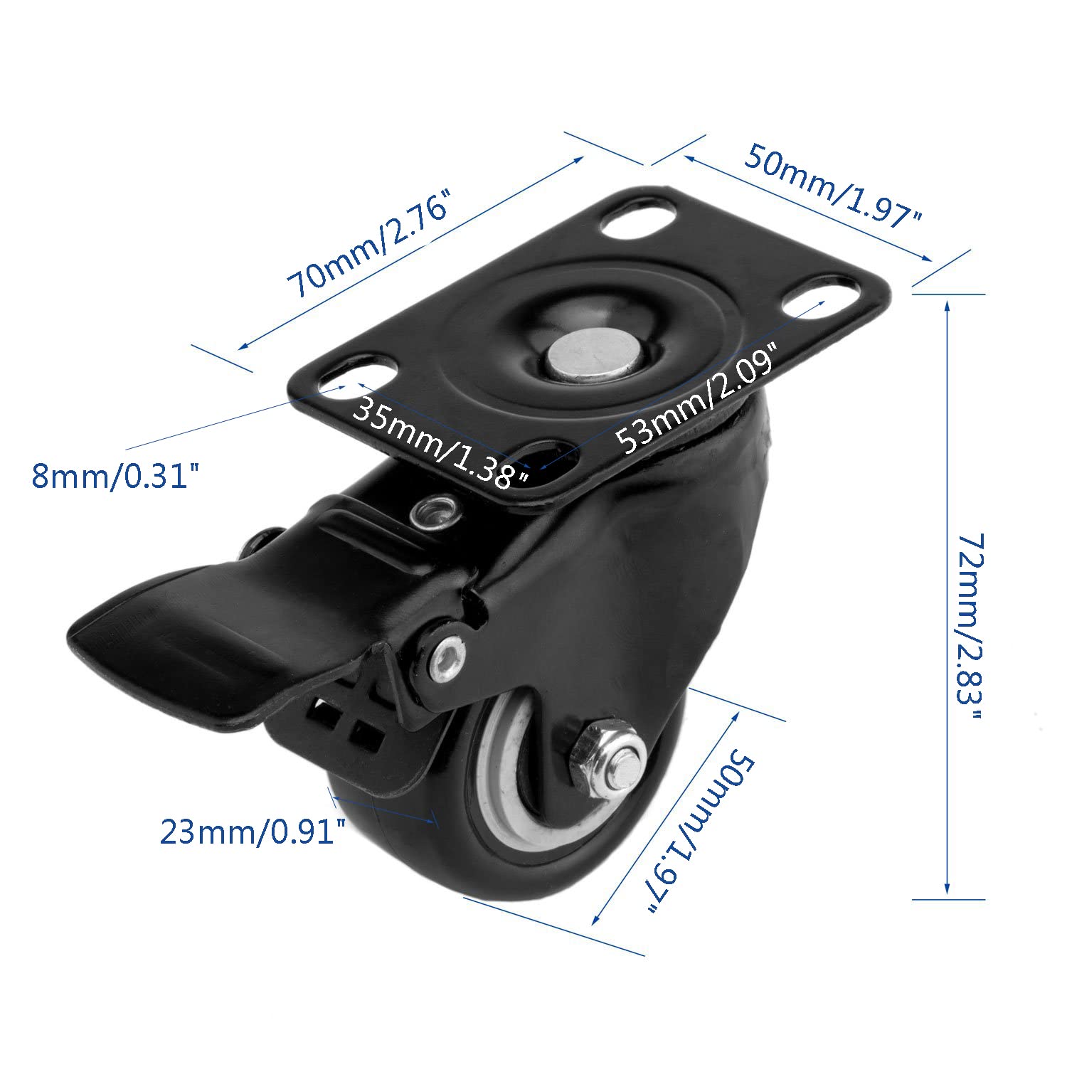 4 Pis Set 2 Inch Wheels Heavy Duty Caster Wheels Polyurethane PU Rubber Swivel Casters With Top Plate Strong Bearing Quite Mute Non Marking Locking System Black Wheel I181726535