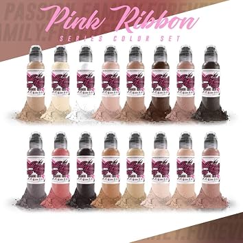World Famous Tattoo Ink Pink Ribbon - Pink Flesh Tones Assortment with Black & White Tattoo Ink - Non Toxic & Skin-Safe Permanent Tattooing - Vegan 1 oz Each
