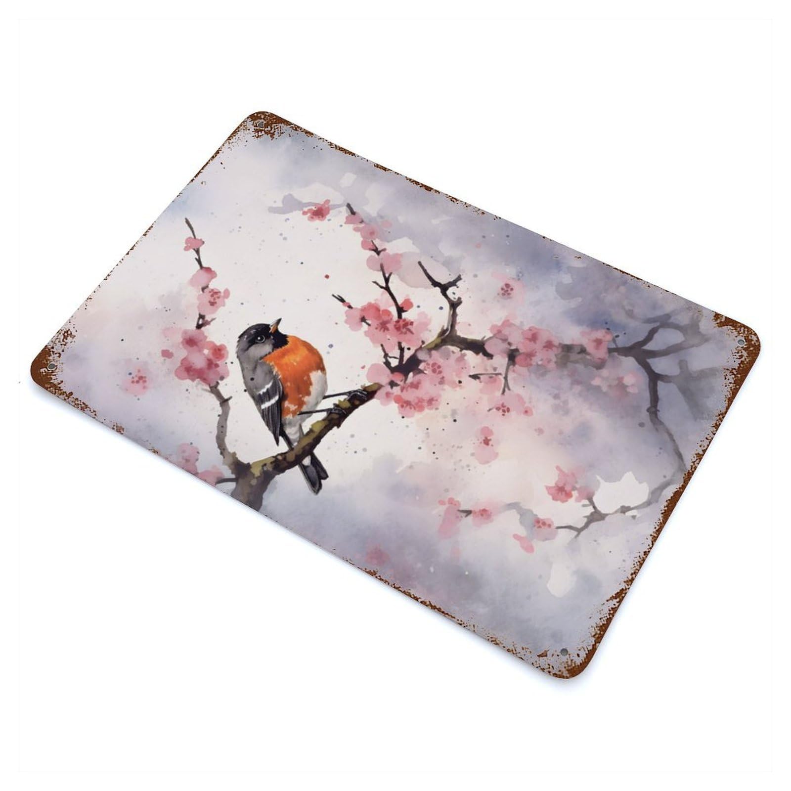 Robin Watercolor Vintage Wall Sign 11.8"x7.9", Rust Effect Metal Decor for Living Room, Hallway And Home Decor