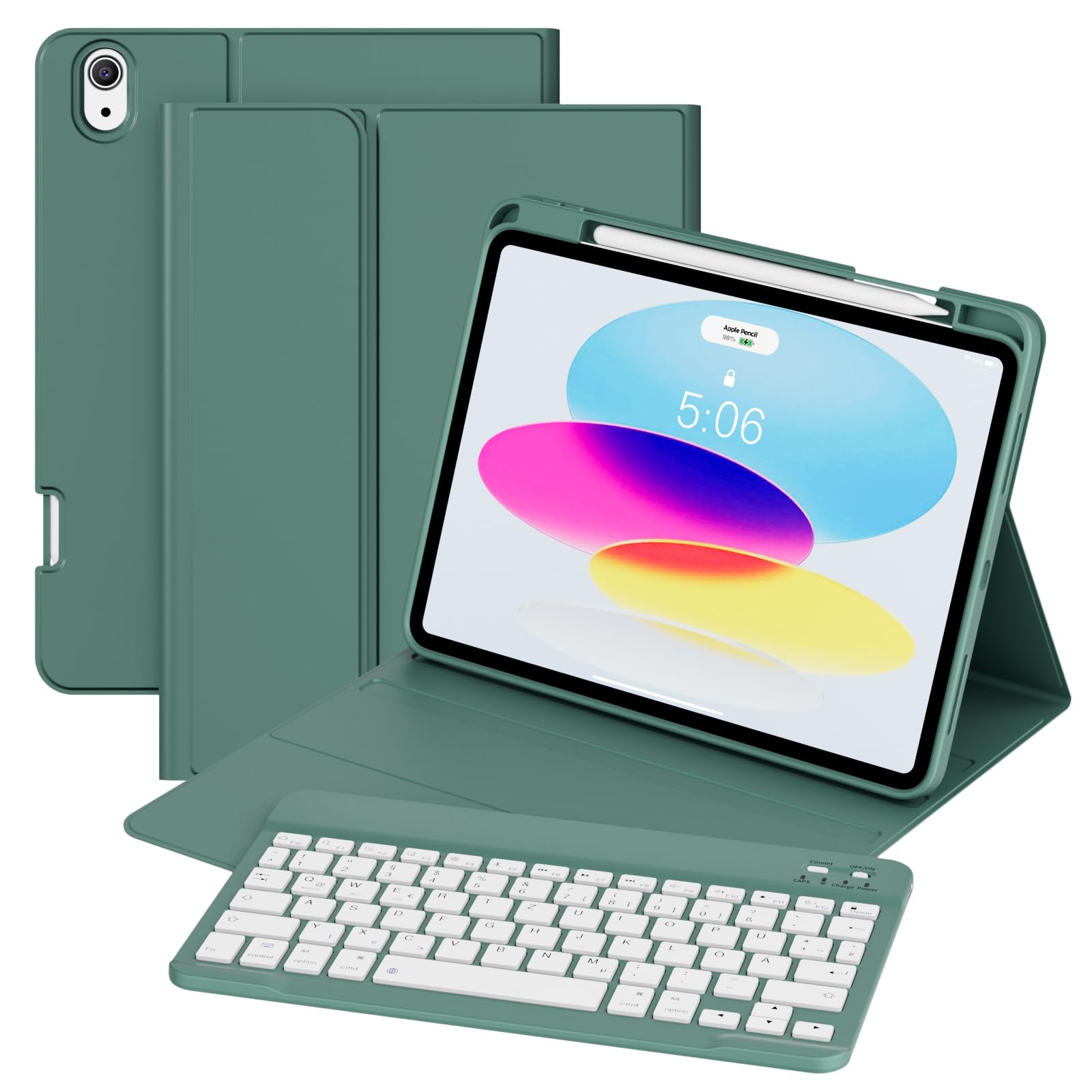 GKABXY Hülle mit Tastatur für iPad A16 11 Generation 2025/10 Generation 2022(11/10.9 Zoll), Soft TPU Rückschale mit Stifthalte, Magnetische Abnehmbare Tastatur Hülle für iPad 11/10 Gen, Nachtgrün