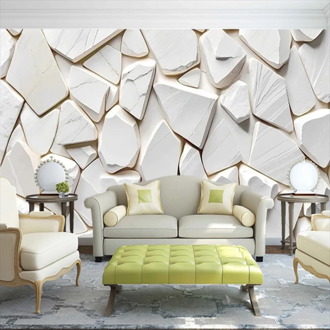 XINRUYI 3D Mural Wallpaper White Solid Color Geometric Stone Pattern Wallcovering Art Sticker for Bedroom and Living Room Decoration