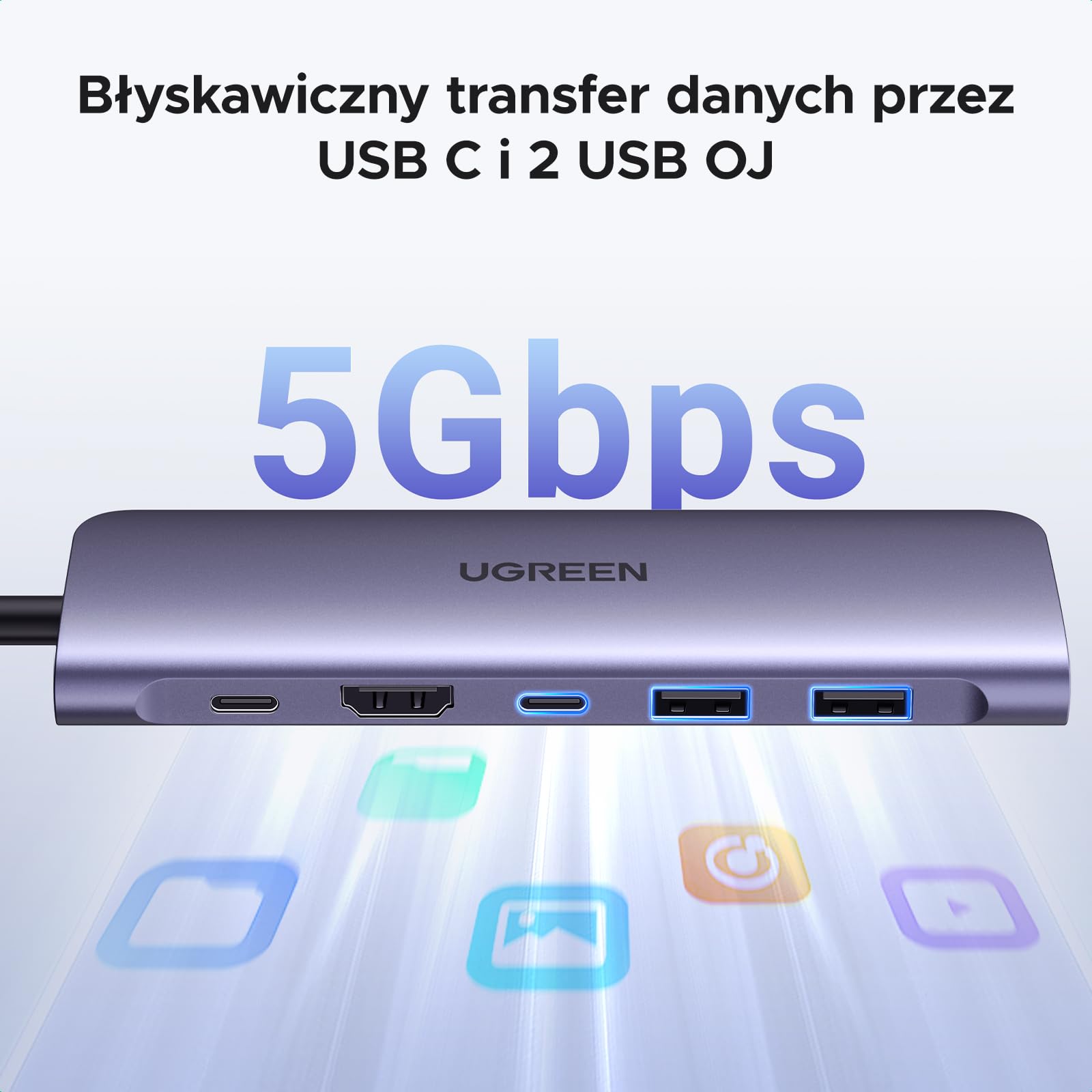 UGREEN Hub USB C z 4K HDMI, 100W PD, USB C i 2 portami danych USB A 3.0, adapter SD/MicroSD USB C Kompatybilny z MacBook Pro/Air, iPad Pro/Air, Surface Pro/Go, Galaxy S23/Tab, Steam deck itp.