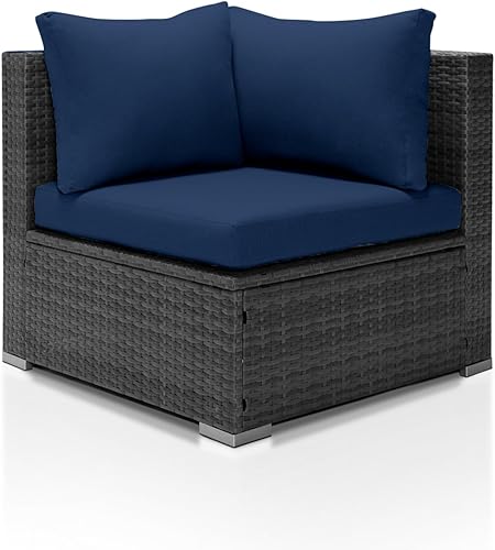Miniatura 1 de NICESOUL Silla esquinera de mimbre con cojines de olefina azul marino, muebles de exterior de una sola pieza, sofás modulares seccionales para