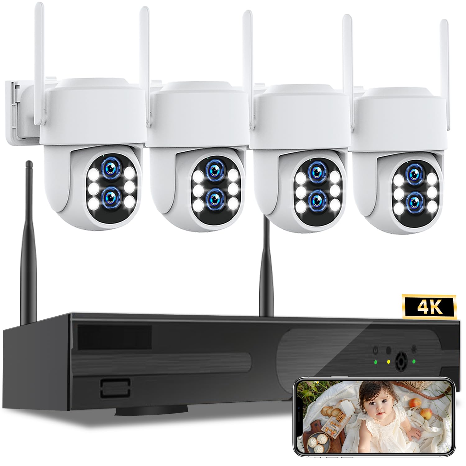 ZHXINSD Wireless Security Camera System, 2K+2K Dual Lens 4PCS PTZ Outdoor Cameras System with 10CH 4K NVR, Home WiFi Security CCTV Camera, Color Night Vision, Two Way Audio, Support 5G/ 2.4G WiFi