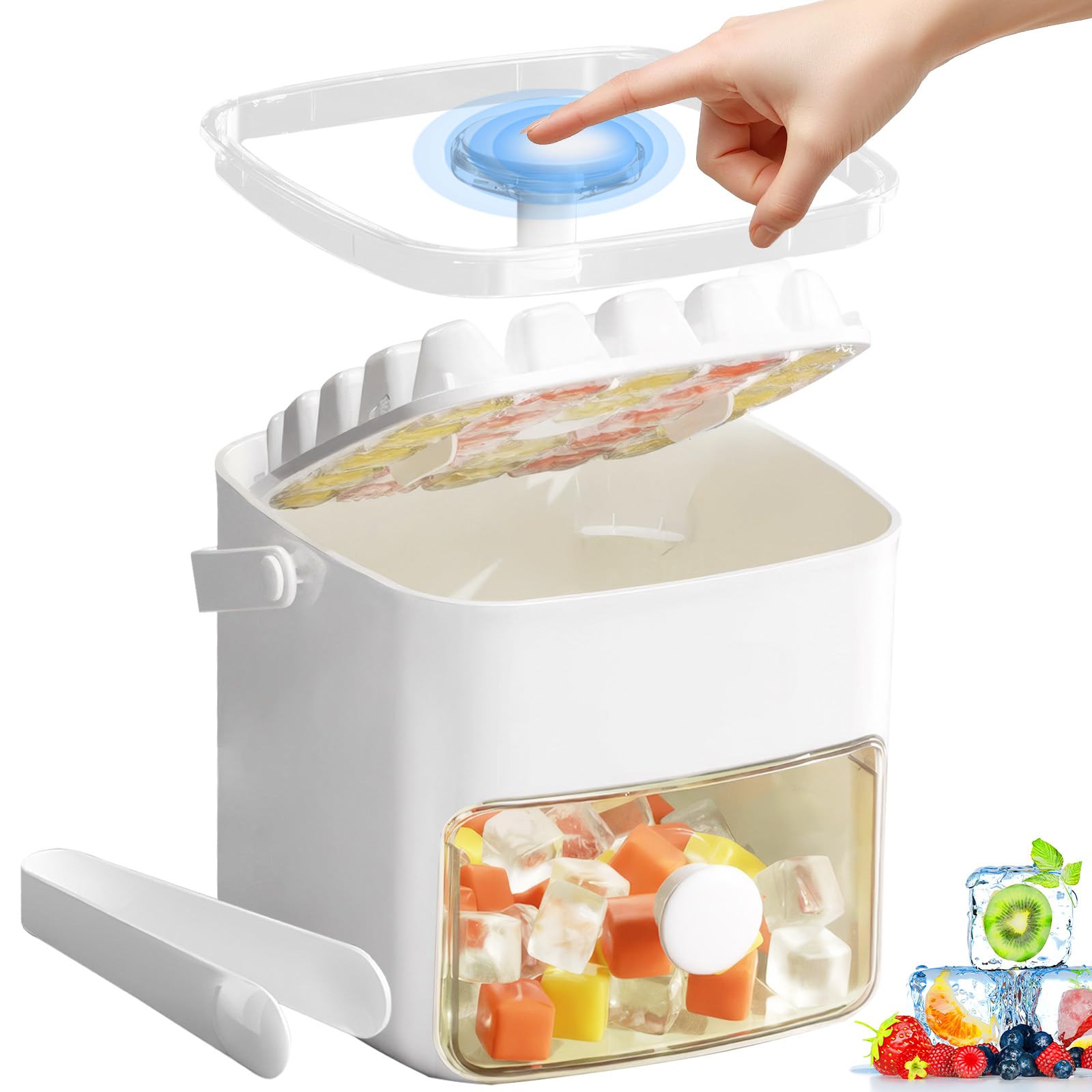 Ice Cube Tray with Lid & Bin, BPA Free Food-Grade Ice Cube Moulds, Makes 48 Ice Cubes, Release All Ice Cubes in One Second, Reusable Ice Cube Maker for Whiskey Cocktail