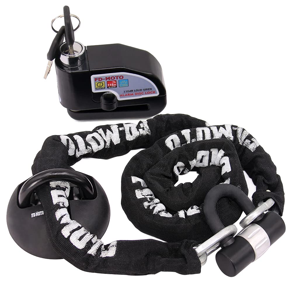 FD-Moto 4KG Steel 1.8M*10mm Chain Lock Padlock + Alarm Brake Disc Lock Black + Ground Wall Anchor Heavy Duty for Motorbike Motorcycle Scooter Bike Bicycle ATV