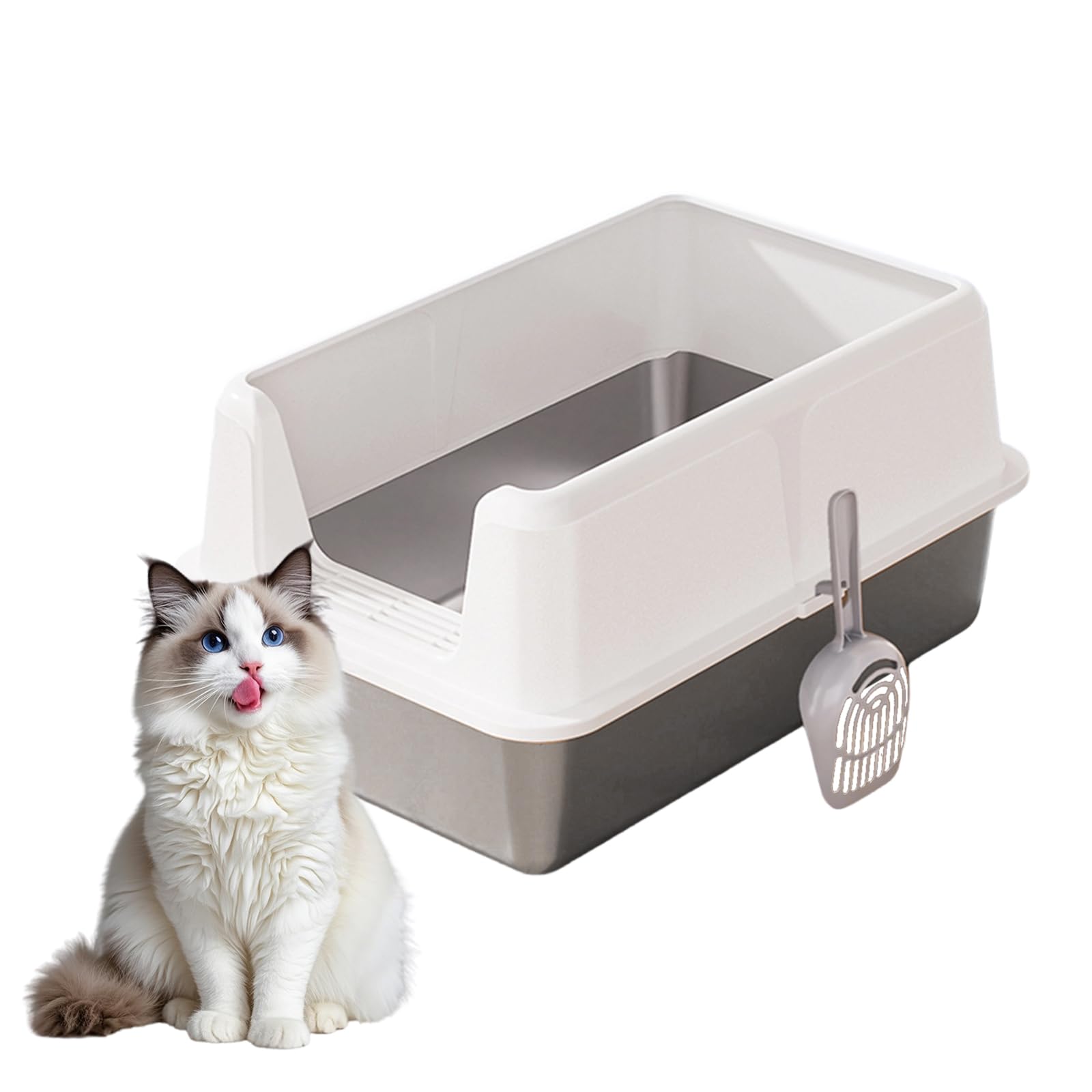 XXL Stainless Steel Cat Litter Tray,Open Top Cat Litter Box with High Sides,Detachable,Non Stick,Easy Clean,Leak-Proof,Heavy Duty Litter Tray with Scoop,for Large Cat &Multi Cats, White,60x40x36 cm
