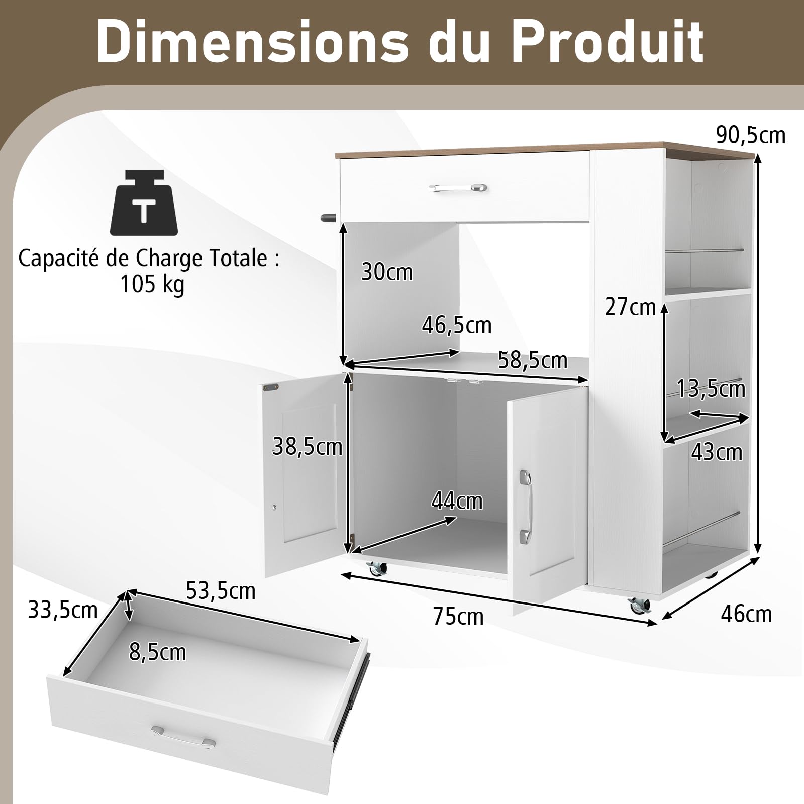 GOPLUS Desserte à roulettes, Chariot Cuisine Rangement avec Placard, Armoire, Support à Épices 3 Niveaux et Porte-Serviettes, Meuble Rangement pour Cuisine, 82 x 50 x 92 cm (Blanc+Brun, Moderne)