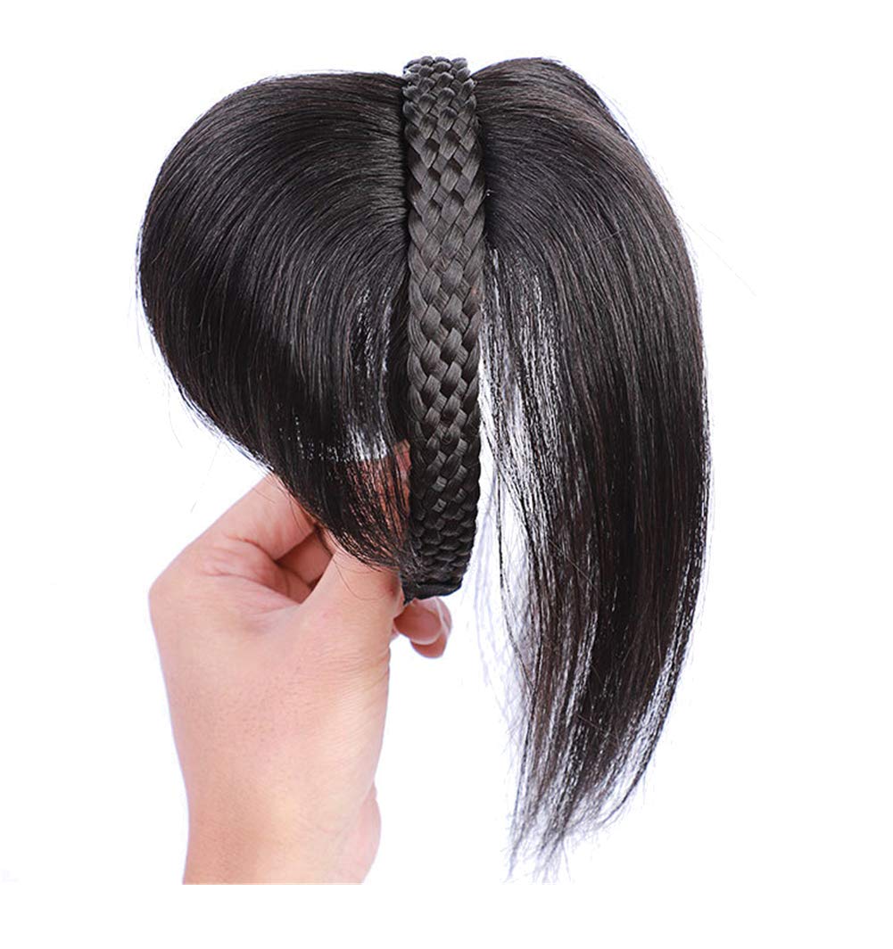 Clip in Braided Band Human Hair Crown Toppers for Female Bald Spot, with Straight Bangs, 10" Dark Brown