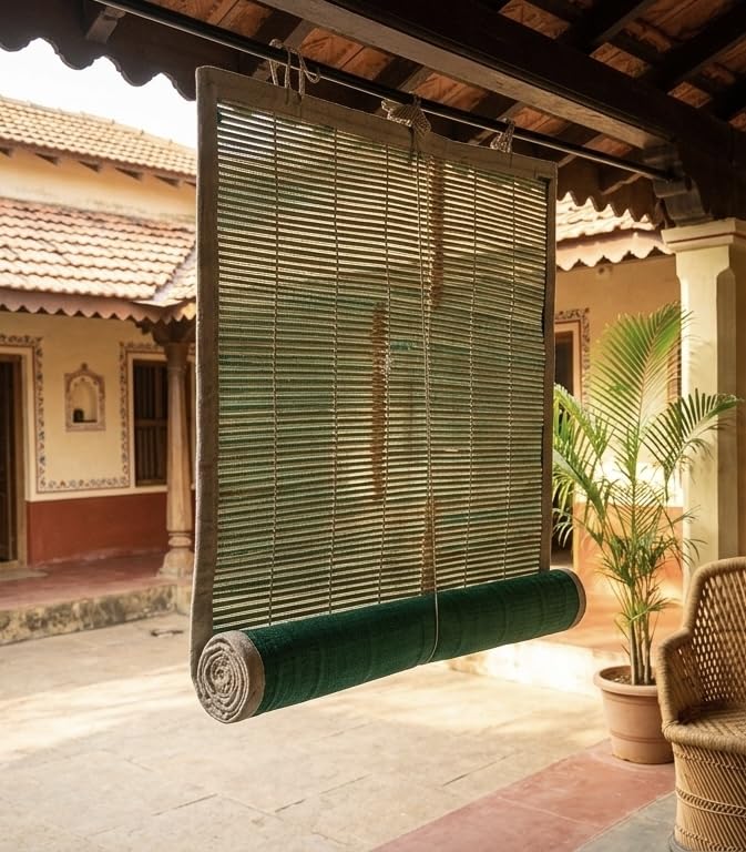 Image of GoKoo Bamboo Curtains for Outdoor - W 3 ft x H 4 ft Roll Up Blinds | Rope Mechanism Shade for Rain, Sunlight, Dust & Cold Air Protection for Balcony, Window, Door, Hotel & Restaurant (Handmade)
