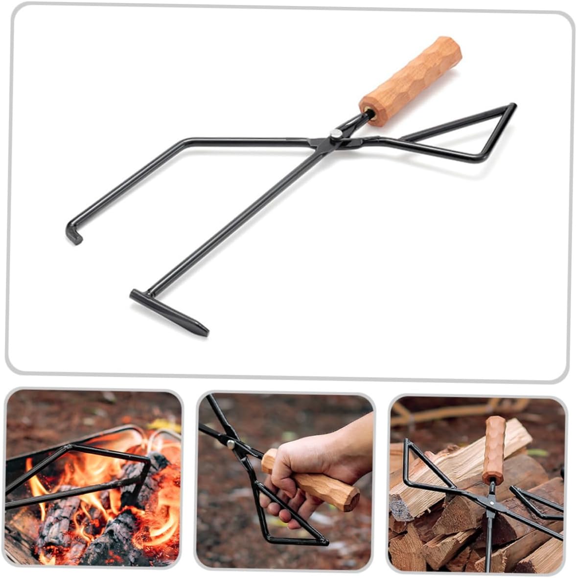Heavy-duty Outdoor Charcoal Tong with Beech Wood Handle Fire Pit Bbq Fireplace Tongs for Safe Grilling and Precise Log Grabbing Construction for Camping and Barbecue Use