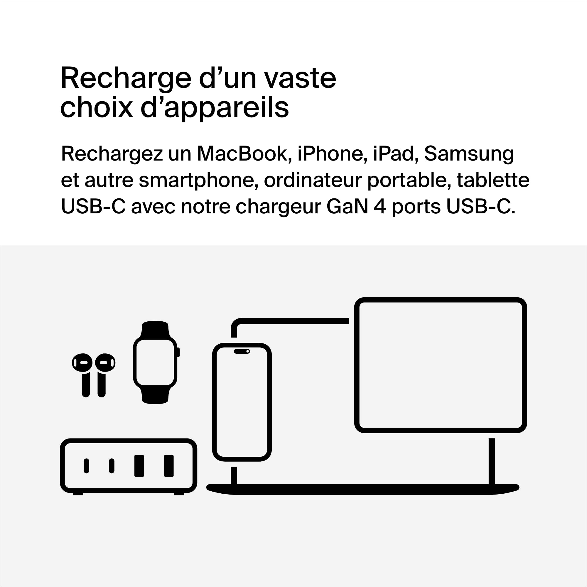 Belkin Chargeur USB GaN (108 W) pour plusieurs appareils, 2 ports USB-C et 2 ports USB-A, station de recharge rapide pour MacBook, Pro, Air, iPhone, iPad Pro, Air, Galaxy, Pixel, Apple Watch, etc.