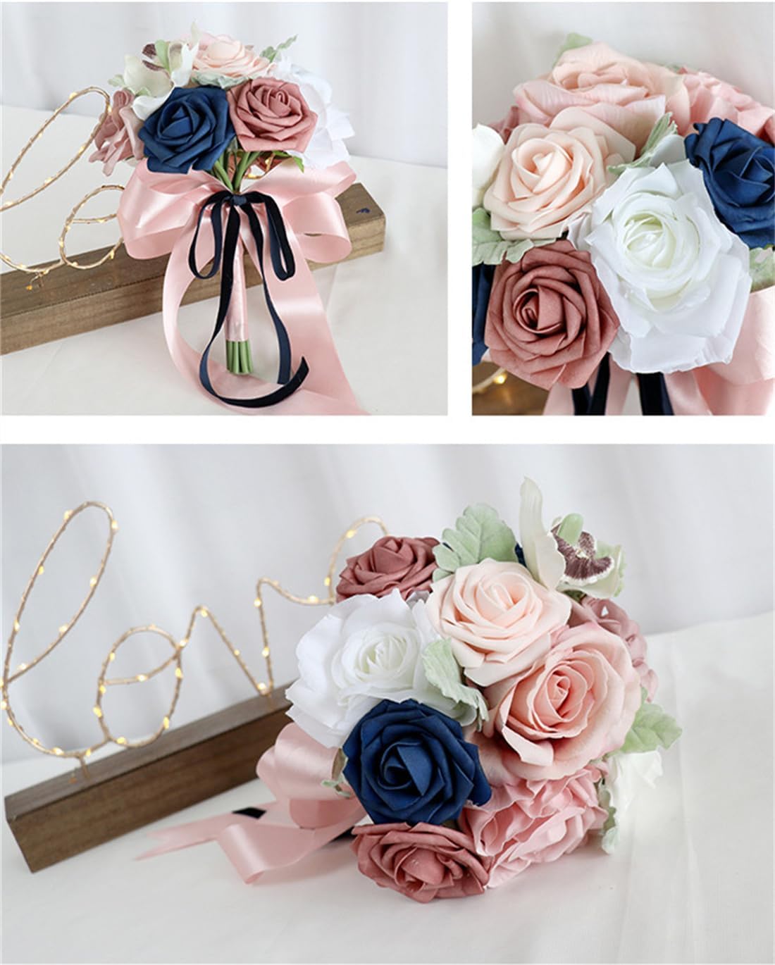 Wedding Bouquets for Bride Bridesmaid, Pink & Navy Artificial Flowers Roses Bridal Bridesmaid Bouquets Wedding Bridal Bouquets for Wedding Ceremony and Anniversary Home Decor