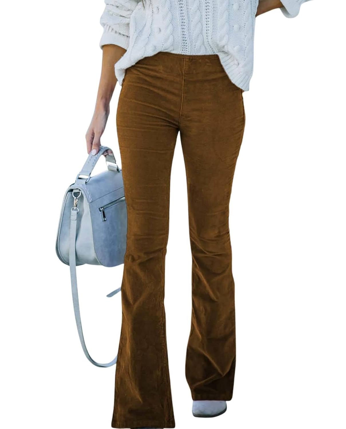 2025 Womens Corduroy Bell Bottom Pants with Elastic Waistband and Slim Fit Retro Wide Leg Long Pants