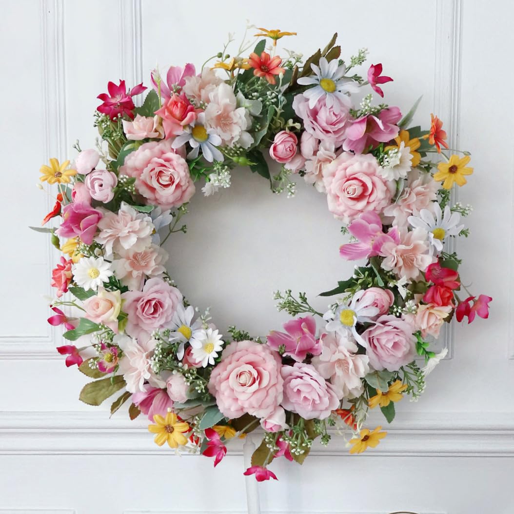 UNIE Ghirlanda per porta primaverile ed estiva, 56 cm, decorativa, ghirlanda di fiori di vite naturali per porta d'ingresso, casa, decorazione per matrimoni