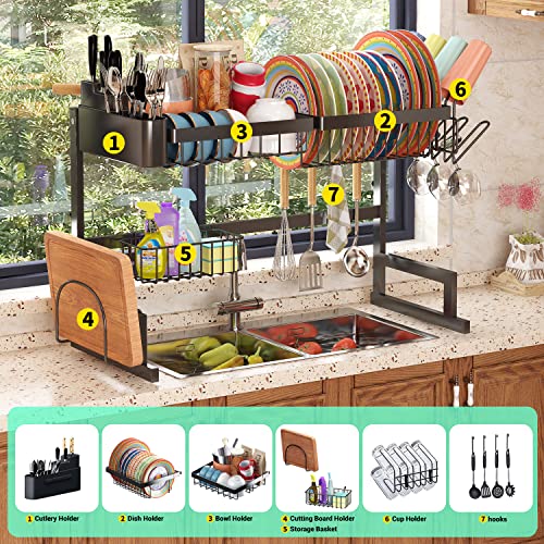 Ilvvan Over The Sink Dish Drying Rack (Fit Sink 24"- 35.5" L ，Expandable Height And Length) Snap-On Design 2 Tier Large Dish Rack Stainless Steel Kitchen Count Organization And Storage #TOP2