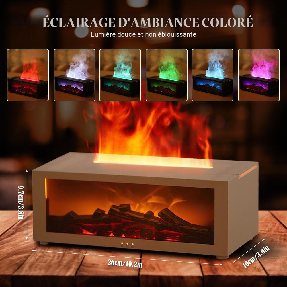 Diffuseur d'arômes blanc 7 effets de flammes, 150 ml, huile essentielle, humidificateur minuterie télécommande, changement lumière portable maison bureau