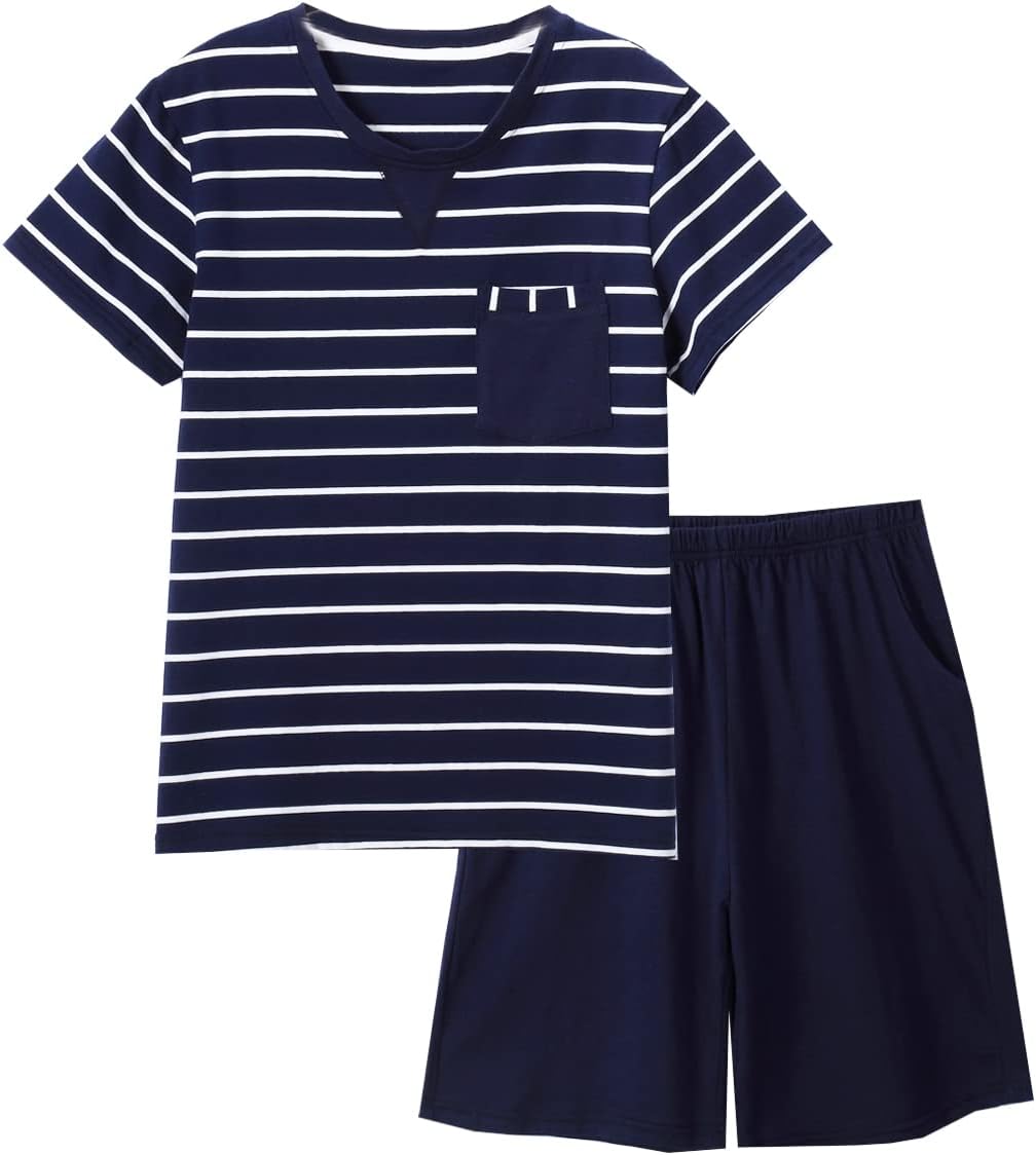Big Boys Fashion Strips Loose Cotton Pajama Set Pants Shorts Top Sleepwear 8-17Years - Image 4