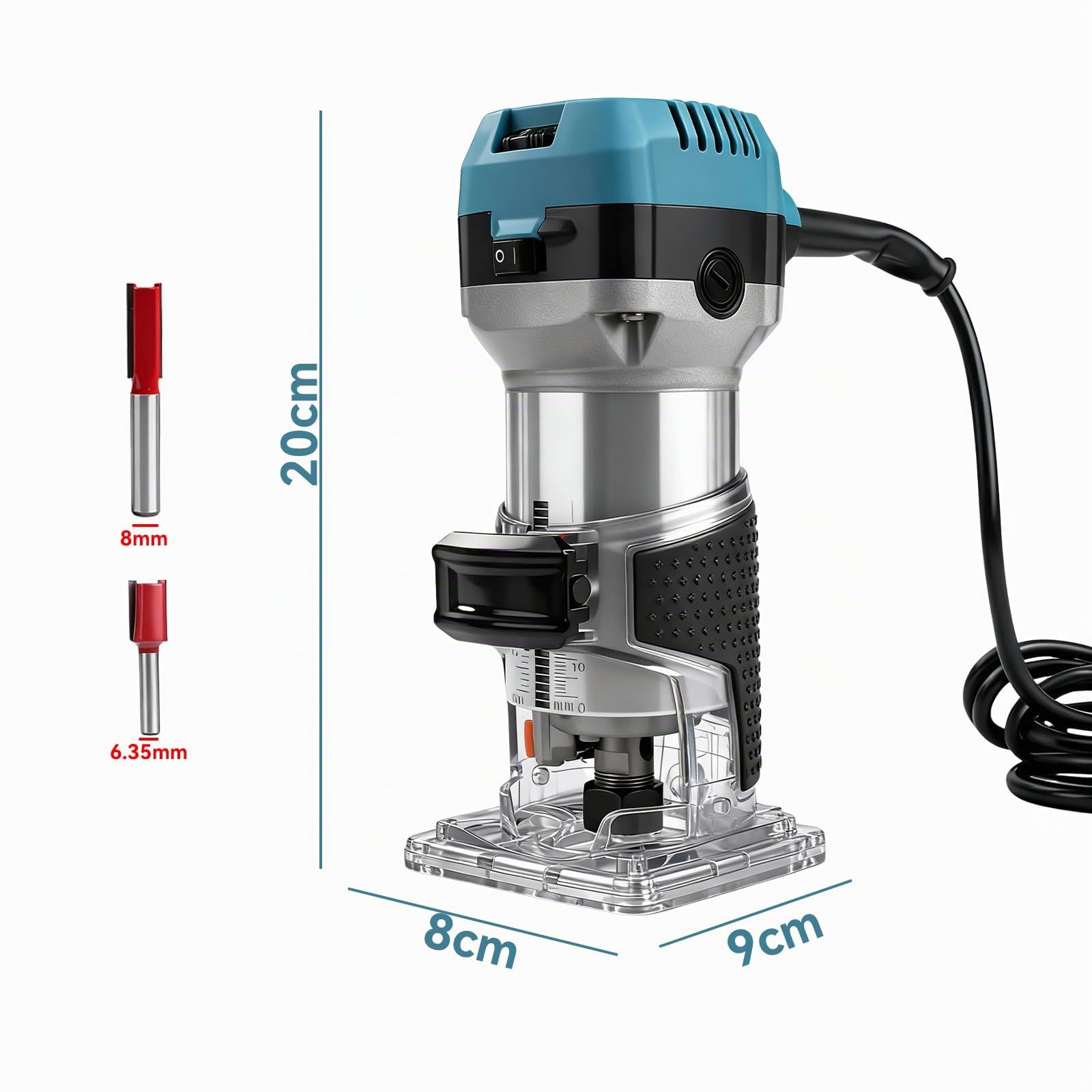 Fresatrice Verticale Legno, 1000w 30000 Rpm Rifilatore Fresatrice Pantografo Elettrica Per Legno Con 6 Velocità Regolabili, Legno Fresa Compatto Palm Trimmer Router Con 15 Pezzi 1/4" Fresatura