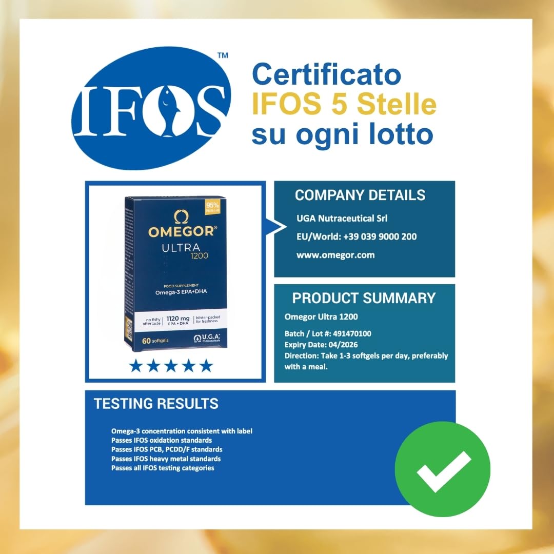 OMEGOR Ultra 1200 Omega 3 IFOS 5 Stelle - Omega3 Alto Dosaggio EPA 610mg e DHA 510mg - Senza Retrogusto e Facile da Digerire (60 Capsule)