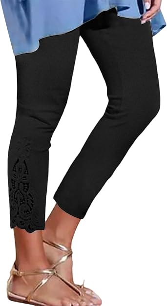 Lace Leggings for Women Plus Size High Waisted Capri Cropped Leggings Stretch Lace Trim Soft Tights Yoga Pants