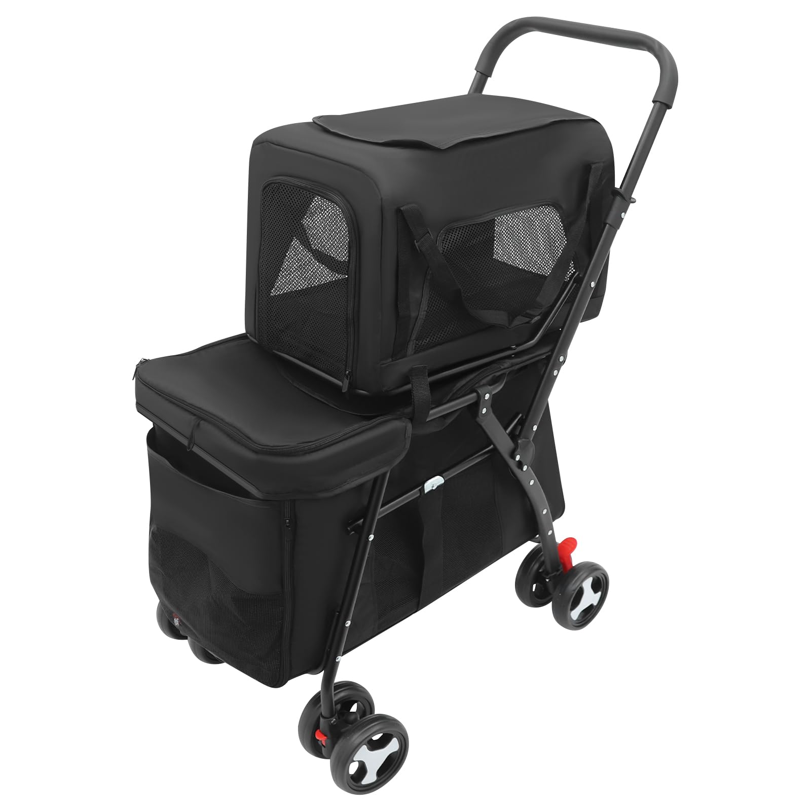 Schwarz Doppelter Haustierstroller, 2 Etagen Faltbarer Haustierwagen, Faltbarer Haustiere Buggy mit abnehmbarer Transportbox, für Katzen und Hunde