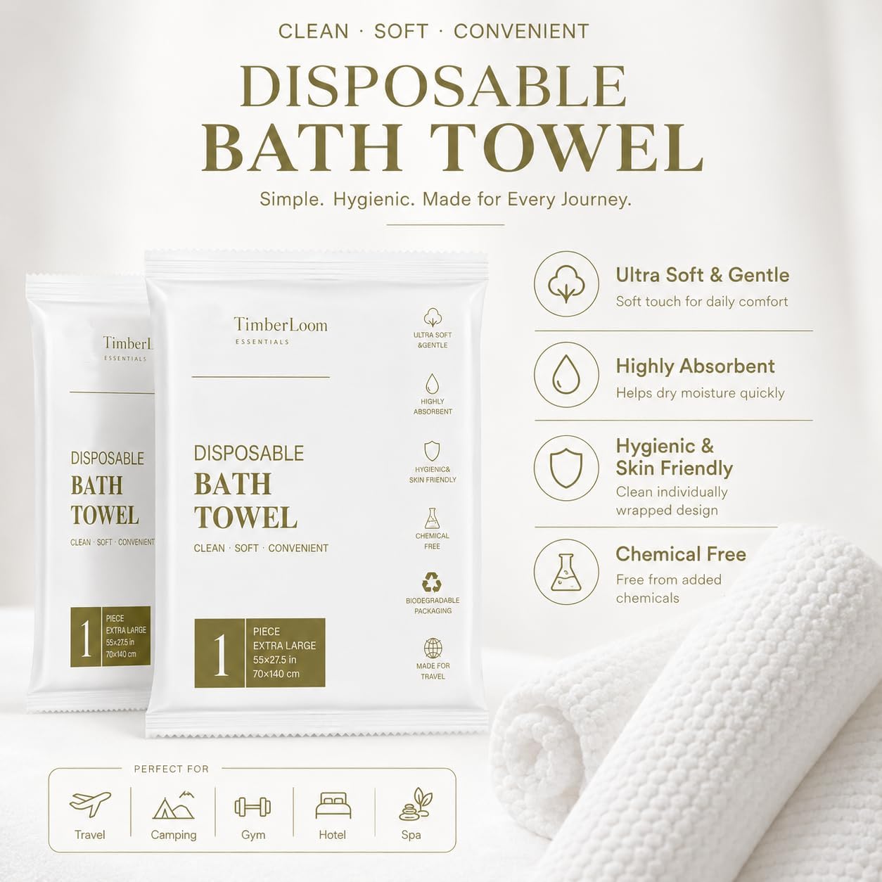 6 Pack Disposable Bath Towels for Travel 55" x 27.5" Large Individually Wrapped Travel Towel, Disposable Dry Body Towels Bulk for Shower Camping Hotel Bathroom Gym Hiking Family Vacation