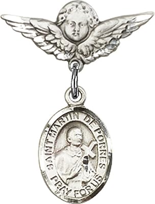Sterling Silver Baby Badge with St. Martin de Porres Charm and Angel w/Wings Badge Pin 7/8 X 3/4 inches