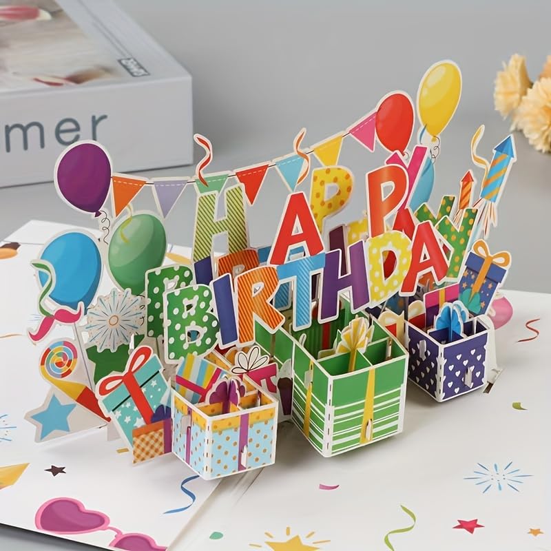 3D Pop-Up Birthday Card with Envelope and Note - Vibrant Party Design with Balloons, Gift Boxes, and Confetti - Perfect for Men, Women, and All