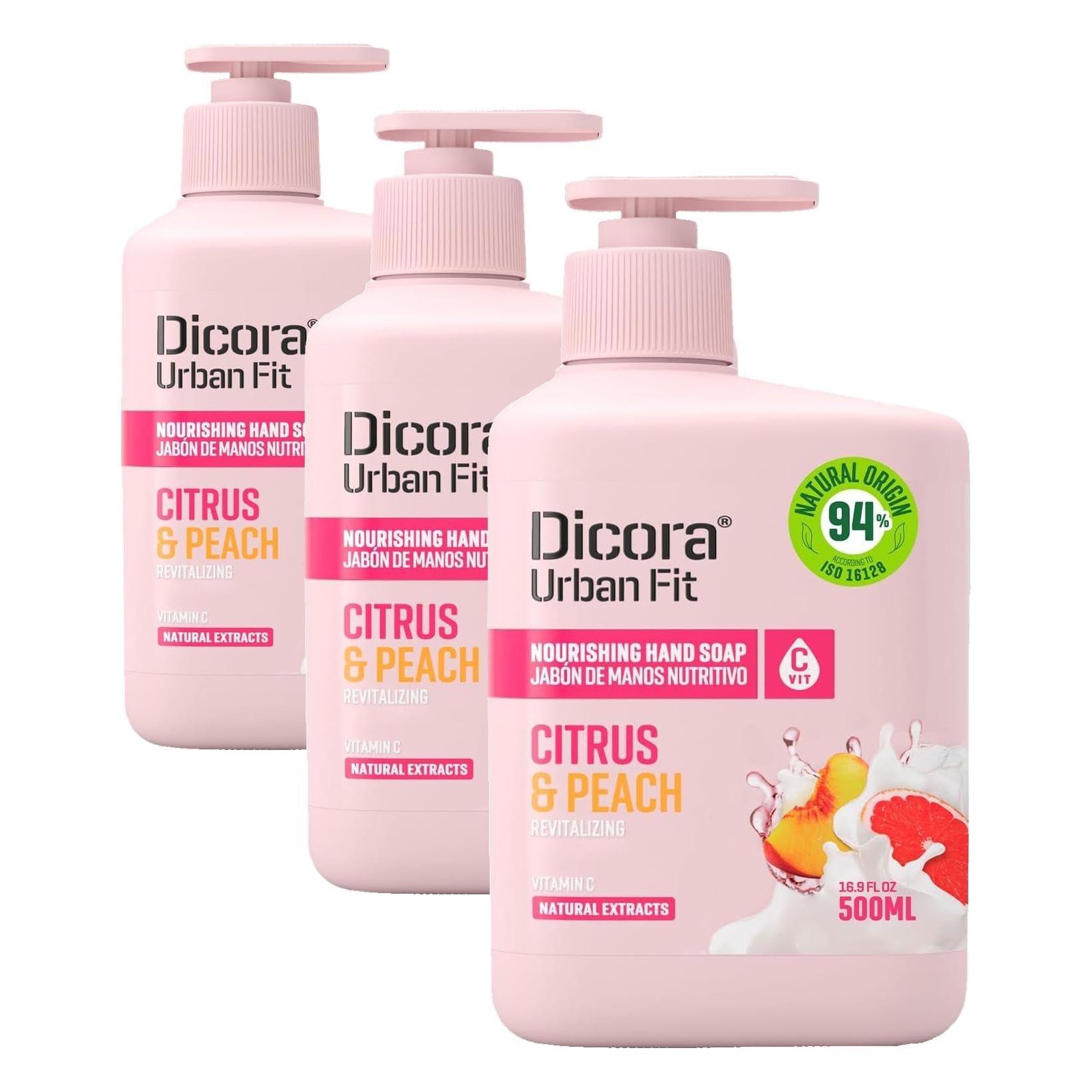 Dicora Urban Fit Jabón de Manos Vitamina C Cítricos & Melocotón 500 ml (Paquete de 3)