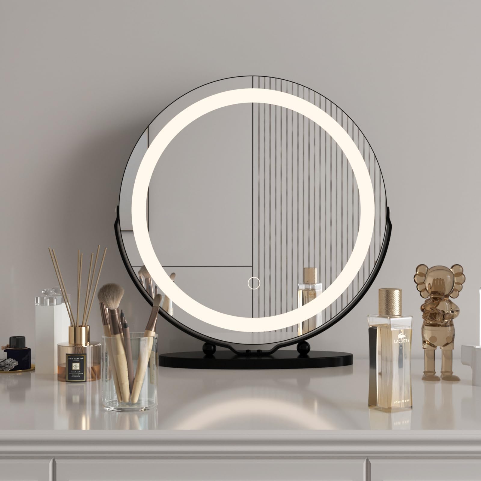 Smart Touch Makeup Mirror with 3-Color Dimmable LED Lights, 360° Rotating Design, Round Vanity Mirror for Dresser – Perfect for Makeup & Skincare