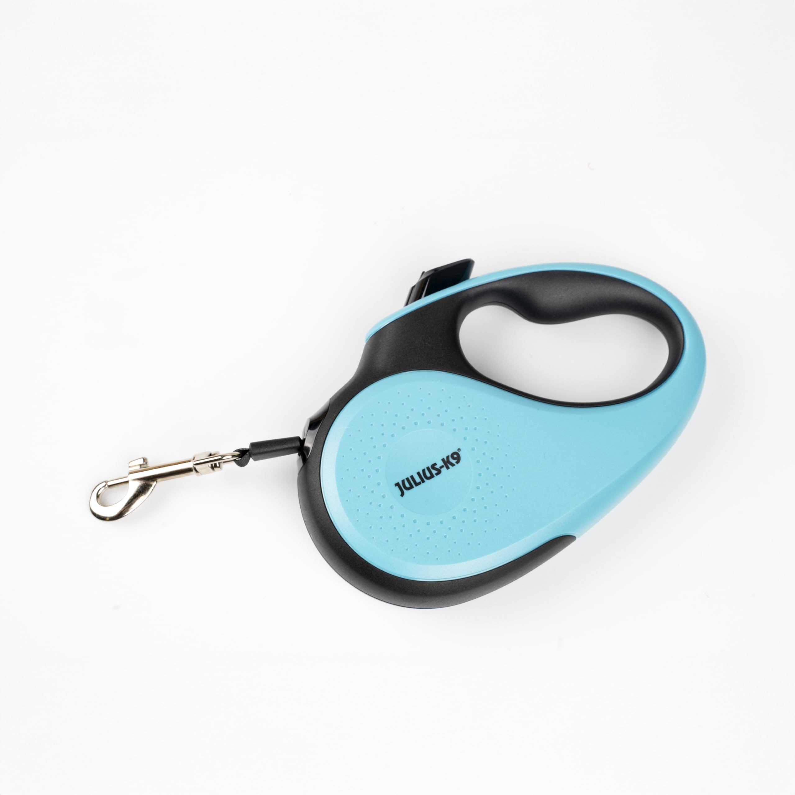 Julius-K9 Retractable Dog Lead, M - 5 m Tape, Black/Turquoise – anti-slip handle, ribbon leash, extandable, one handed brake, pause, lock, reflective ribbon, tangle free, heavy duty