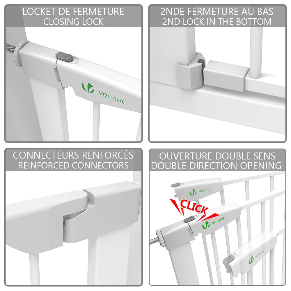 VOUNOT® Barrière de Sécurité Extensible 88-96cm Fermeture Auto et Magnétique sans Perçage Barrière à Pression pour Bébé et Chiens pour escaliers et Porte Hauteur 74cm Métal Blanc