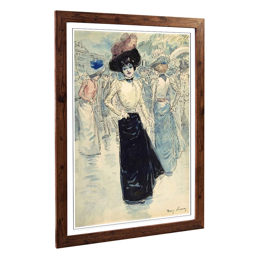 Big Box Art Framed Print of Henry Somm Woman on Paris Street Design | Wall Art Picture | Home Decor for Kitchen, Living Room, Bedroom, Hallway, Walnut, A2 / 24.5x18 Inch / 62x45cm