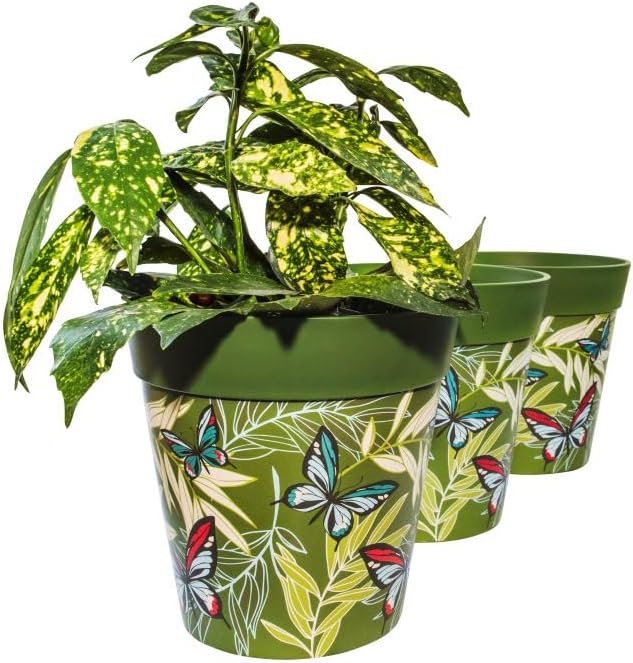 Hum Flowerpots, 8.5 inch Set of 3, Various Patterns Colors and Sizes, Indoor/Outdoor Plastic Plant Pots, Green Butterfly Palm